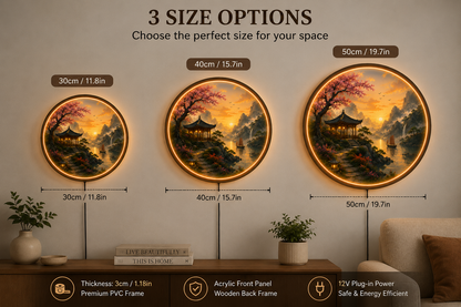 Japanese Landscape LED Wall Art, Zen Pagoda Lighted Wall Decor, Round Asian Nature Wall Light, Mountain Sunset Home Decor