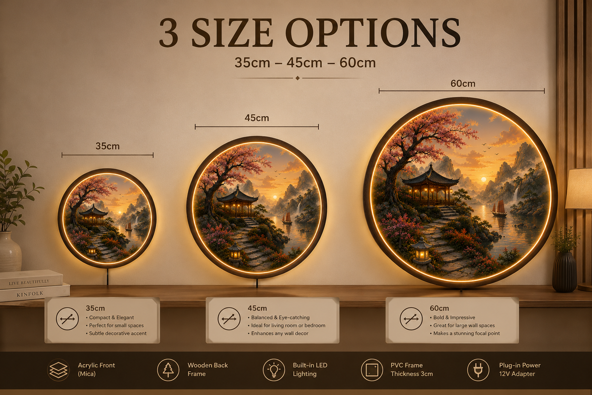 Japanese Landscape LED Wall Art, Zen Pagoda Lighted Wall Decor, Round Asian Nature Wall Light, Mountain Sunset Home Decor