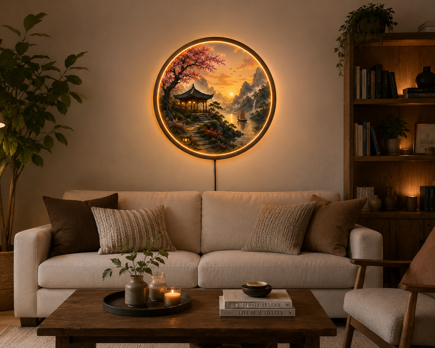 Japanese Landscape LED Wall Art, Zen Pagoda Lighted Wall Decor, Round Asian Nature Wall Light, Mountain Sunset Home Decor