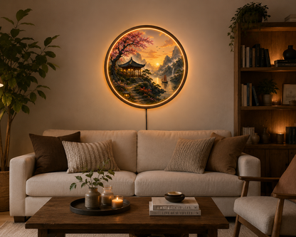 Japanese Landscape LED Wall Art, Zen Pagoda Lighted Wall Decor, Round Asian Nature Wall Light, Mountain Sunset Home Decor