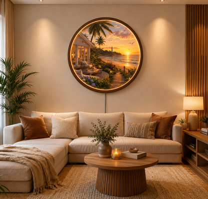 Coastal Sunset LED Wall Art, Round Beach Landscape Wall Lamp, Ocean View Lighted Wall Decor, Coastal Home Decor