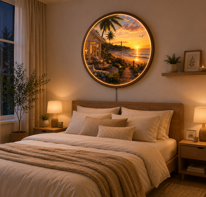 Coastal Sunset LED Wall Art, Round Beach Landscape Wall Lamp, Ocean View Lighted Wall Decor, Coastal Home Decor