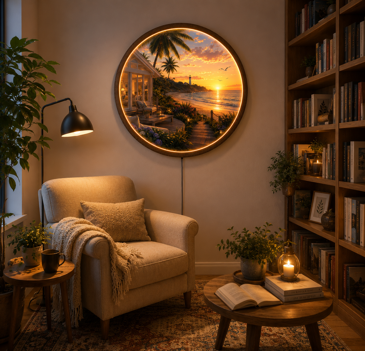 Coastal Sunset LED Wall Art, Round Beach Landscape Wall Lamp, Ocean View Lighted Wall Decor, Coastal Home Decor