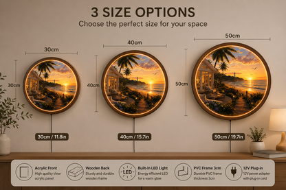 Coastal Sunset LED Wall Art, Round Beach Landscape Wall Lamp, Ocean View Lighted Wall Decor, Coastal Home Decor