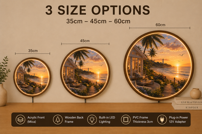 Coastal Sunset LED Wall Art, Round Beach Landscape Wall Lamp, Ocean View Lighted Wall Decor, Coastal Home Decor