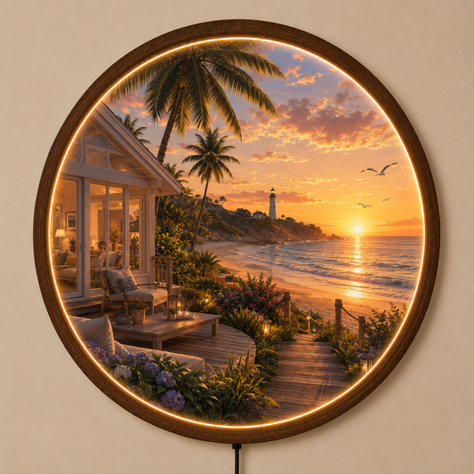 Coastal Sunset LED Wall Art, Round Beach Landscape Wall Lamp, Ocean View Lighted Wall Decor, Coastal Home Decor