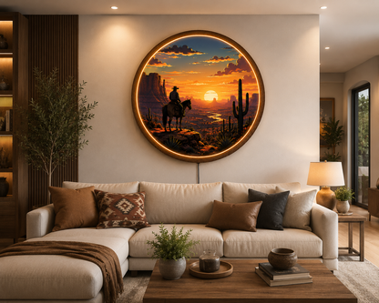 Western Cowboy LED Wall Art, Desert Sunset Round Wall Lamp, Southwestern Ranch Decor, Rustic Cowboy Home Decor
