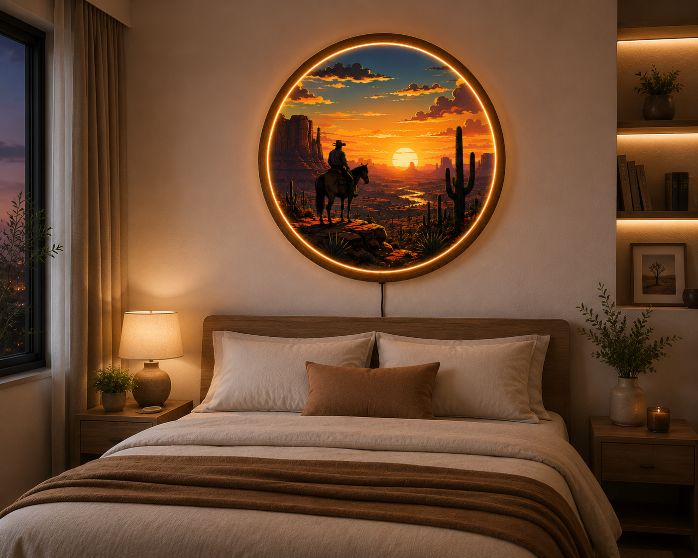 Western Cowboy LED Wall Art, Desert Sunset Round Wall Lamp, Southwestern Ranch Decor, Rustic Cowboy Home Decor