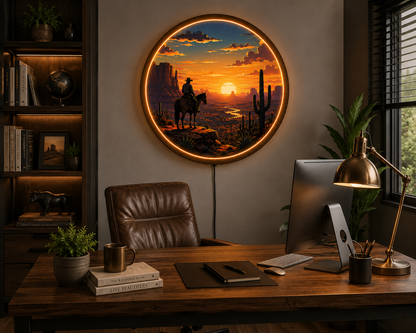 Western Cowboy LED Wall Art, Desert Sunset Round Wall Lamp, Southwestern Ranch Decor, Rustic Cowboy Home Decor