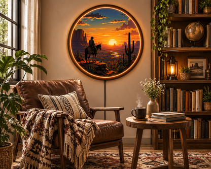 Western Cowboy LED Wall Art, Desert Sunset Round Wall Lamp, Southwestern Ranch Decor, Rustic Cowboy Home Decor