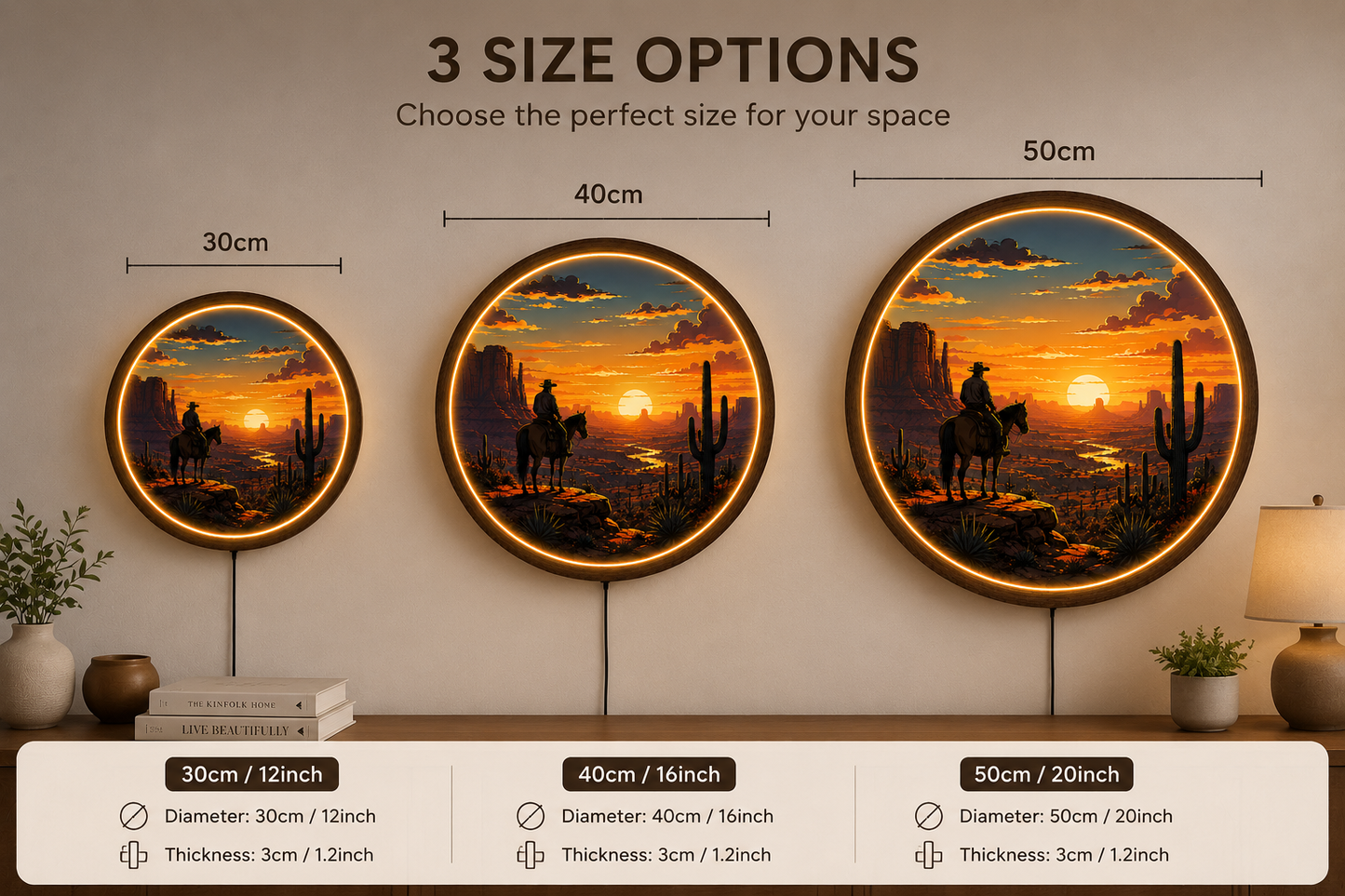 Western Cowboy LED Wall Art, Desert Sunset Round Wall Lamp, Southwestern Ranch Decor, Rustic Cowboy Home Decor