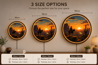 Western Cowboy LED Wall Art, Desert Sunset Round Wall Lamp, Southwestern Ranch Decor, Rustic Cowboy Home Decor
