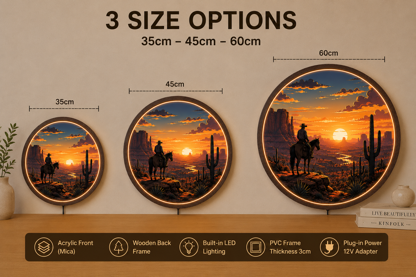 Western Cowboy LED Wall Art, Desert Sunset Round Wall Lamp, Southwestern Ranch Decor, Rustic Cowboy Home Decor