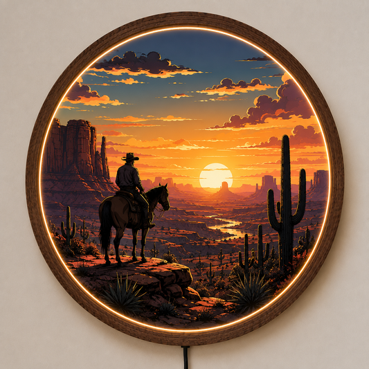 Western Cowboy LED Wall Art, Desert Sunset Round Wall Lamp, Southwestern Ranch Decor, Rustic Cowboy Home Decor