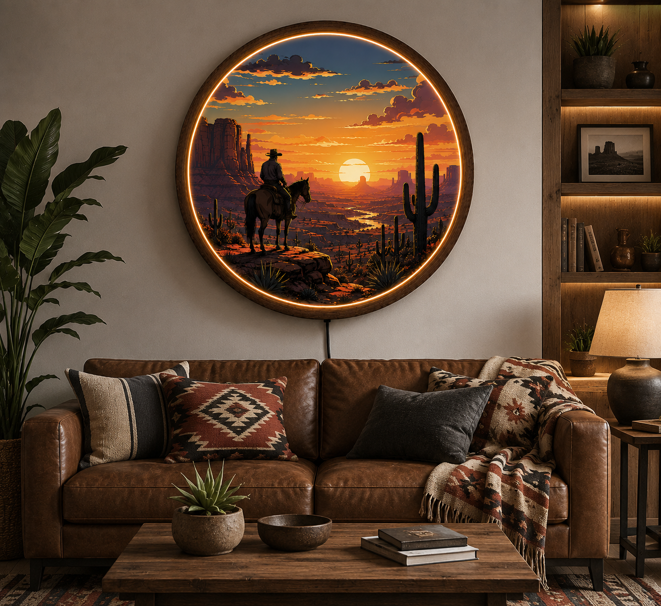 Western Cowboy LED Wall Art, Desert Sunset Round Wall Lamp, Southwestern Ranch Decor, Rustic Cowboy Home Decor