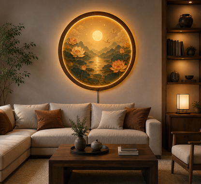 Lotus LED Wall Art, Round Zen Wall Lamp, Japanese Landscape Wall Decor, Asian Home Decor, Illuminated Wall Art