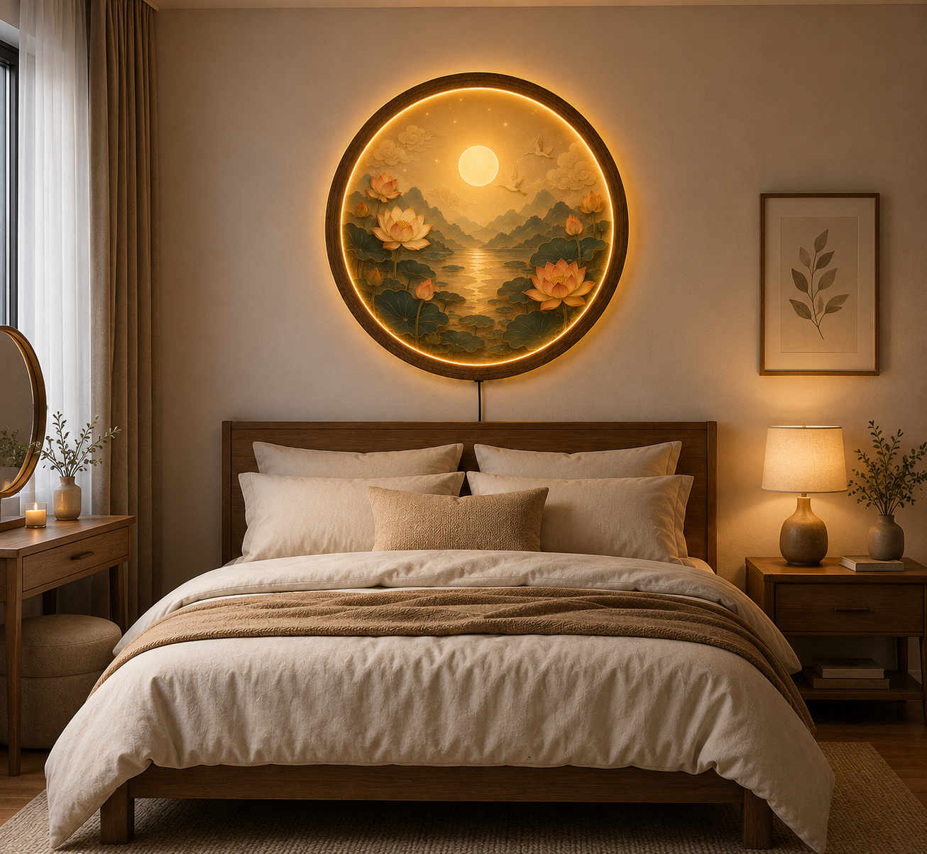 Lotus LED Wall Art, Round Zen Wall Lamp, Japanese Landscape Wall Decor, Asian Home Decor, Illuminated Wall Art
