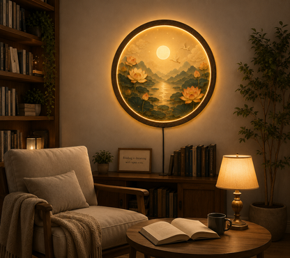 Lotus LED Wall Art, Round Zen Wall Lamp, Japanese Landscape Wall Decor, Asian Home Decor, Illuminated Wall Art