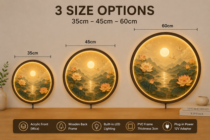 Lotus LED Wall Art, Round Zen Wall Lamp, Japanese Landscape Wall Decor, Asian Home Decor, Illuminated Wall Art