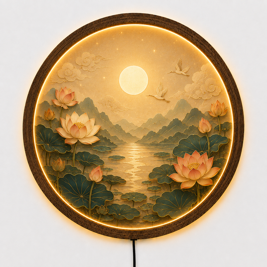 Lotus LED Wall Art, Round Zen Wall Lamp, Japanese Landscape Wall Decor, Asian Home Decor, Illuminated Wall Art