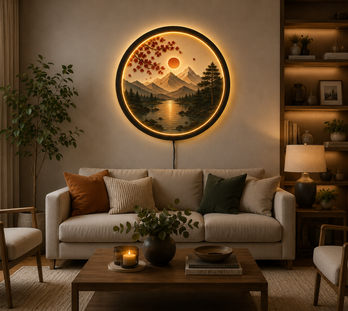 Autumn Mountain LED Wall Art, Round Nature Landscape Wall Decor, Sunset Lake Acrylic Light, Modern Living Room Wall Light, Unique Gift
