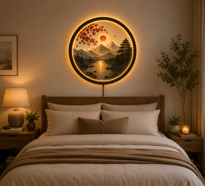 Autumn Mountain LED Wall Art, Round Nature Landscape Wall Decor, Sunset Lake Acrylic Light, Modern Living Room Wall Light, Unique Gift