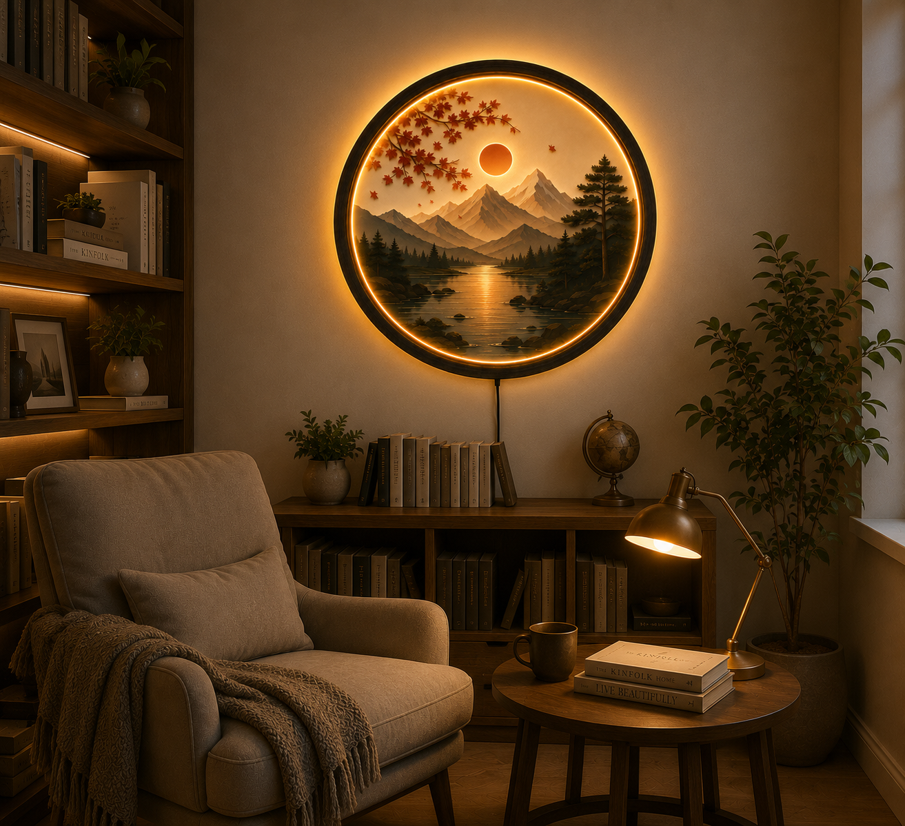 Autumn Mountain LED Wall Art, Round Nature Landscape Wall Decor, Sunset Lake Acrylic Light, Modern Living Room Wall Light, Unique Gift