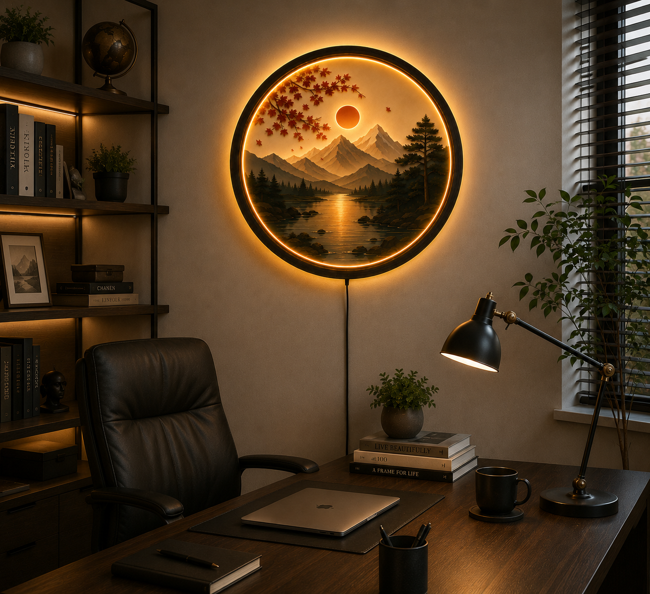 Autumn Mountain LED Wall Art, Round Nature Landscape Wall Decor, Sunset Lake Acrylic Light, Modern Living Room Wall Light, Unique Gift