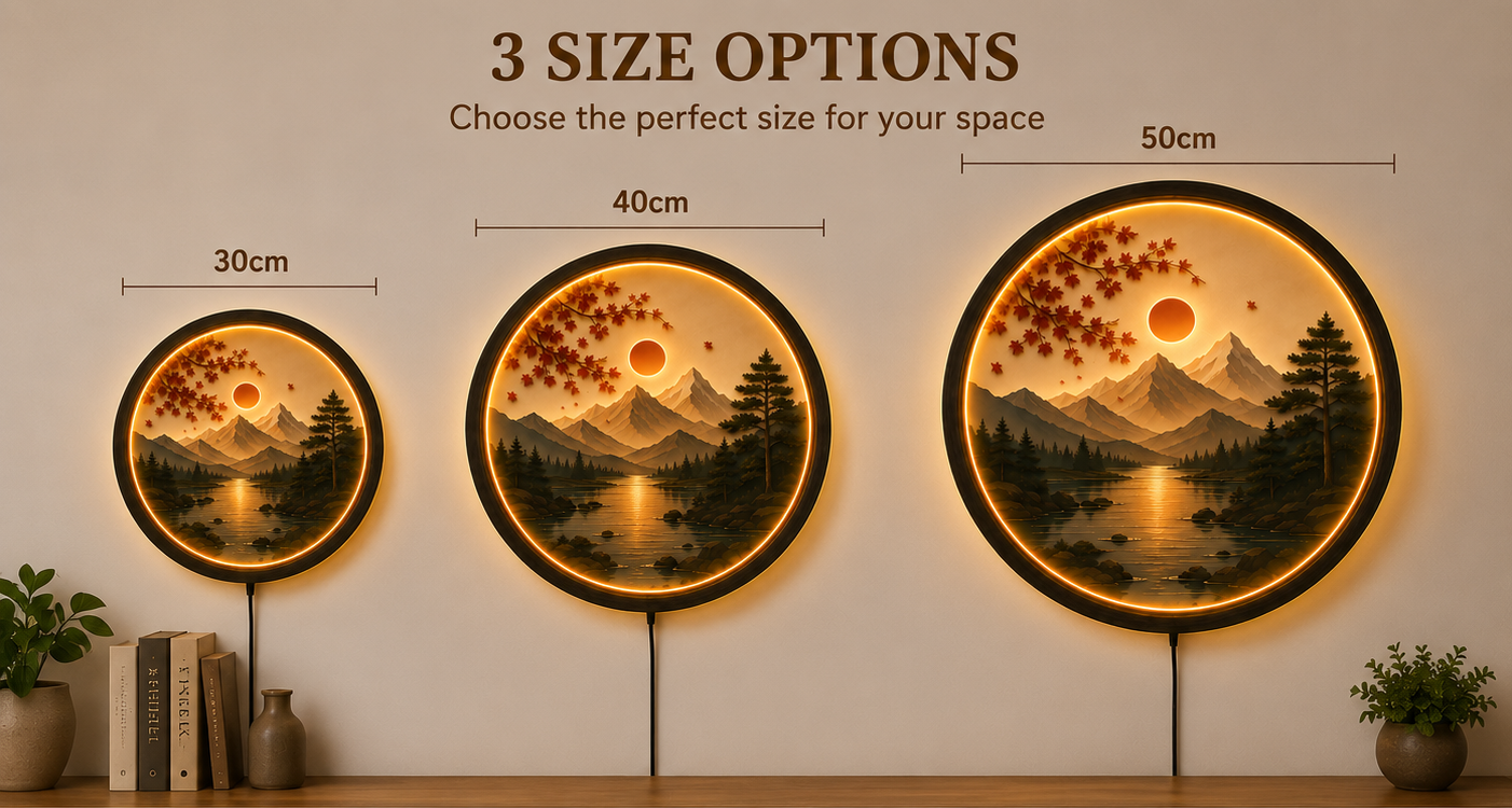 Autumn Mountain LED Wall Art, Round Nature Landscape Wall Decor, Sunset Lake Acrylic Light, Modern Living Room Wall Light, Unique Gift