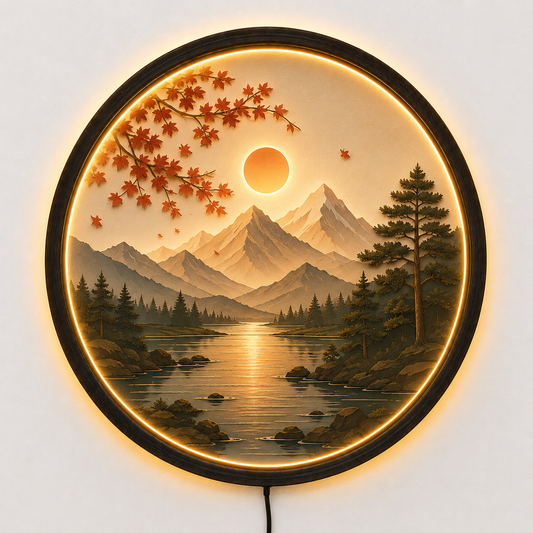 Autumn Mountain LED Wall Art, Round Nature Landscape Wall Decor, Sunset Lake Acrylic Light, Modern Living Room Wall Light, Unique Gift