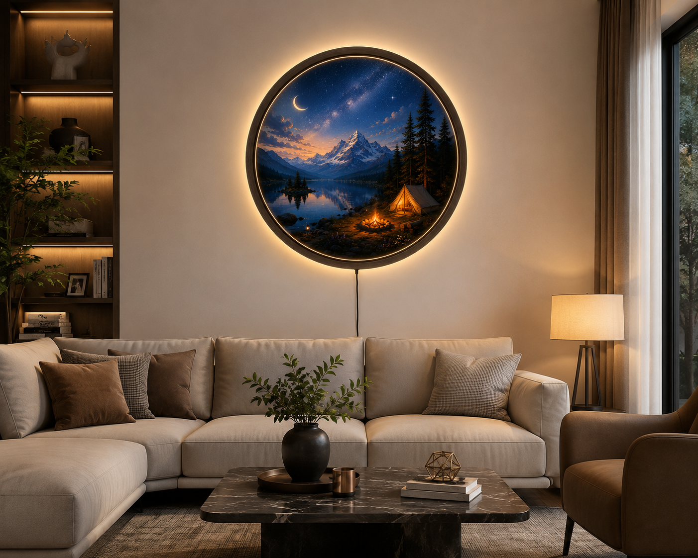 Mountain Camping LED Wall Art, Night Lake Landscape Light, Round Acrylic Wall Decor, Galaxy Sky Home Decor, Rustic Cabin Wall Light Gift