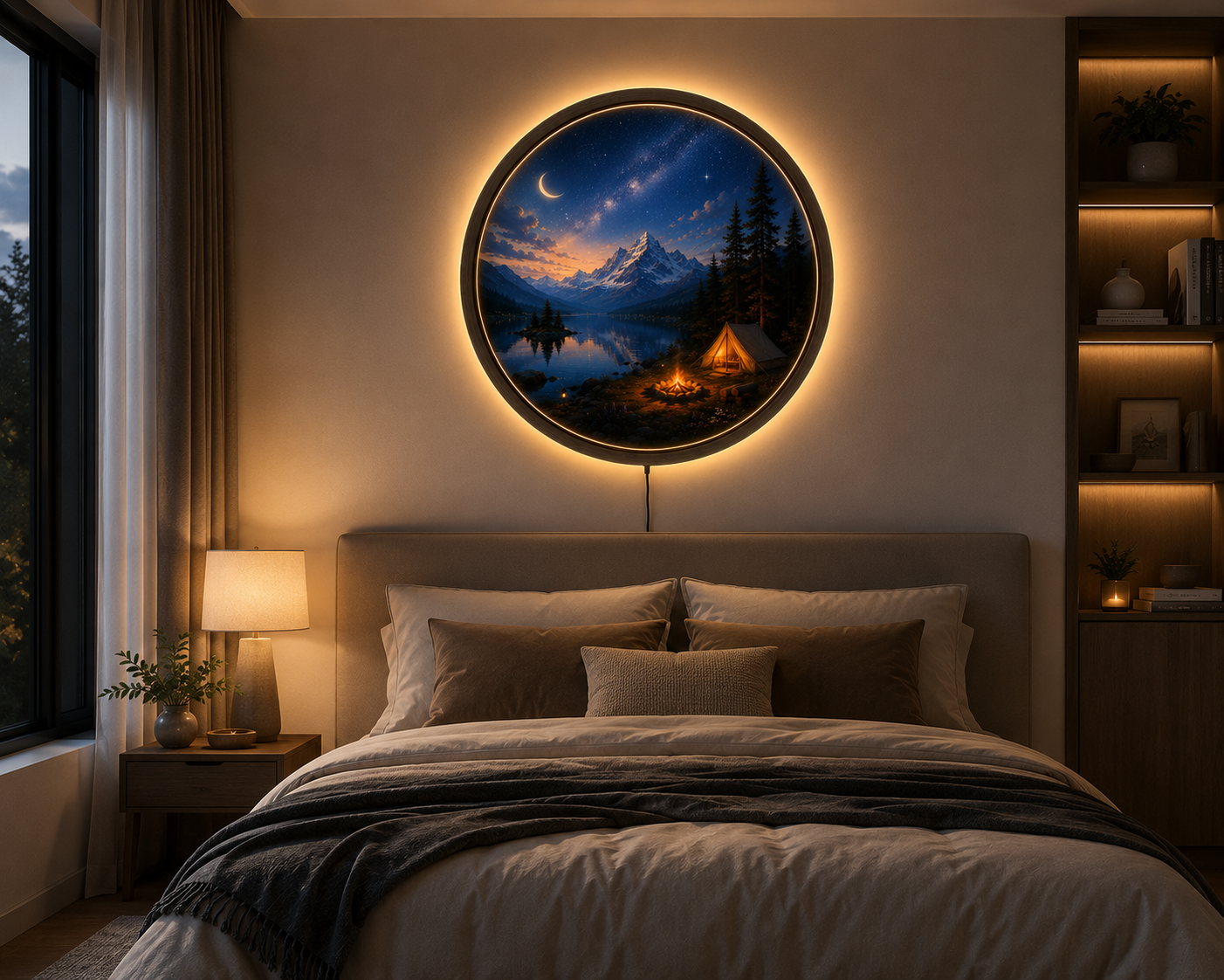 Mountain Camping LED Wall Art, Night Lake Landscape Light, Round Acrylic Wall Decor, Galaxy Sky Home Decor, Rustic Cabin Wall Light Gift