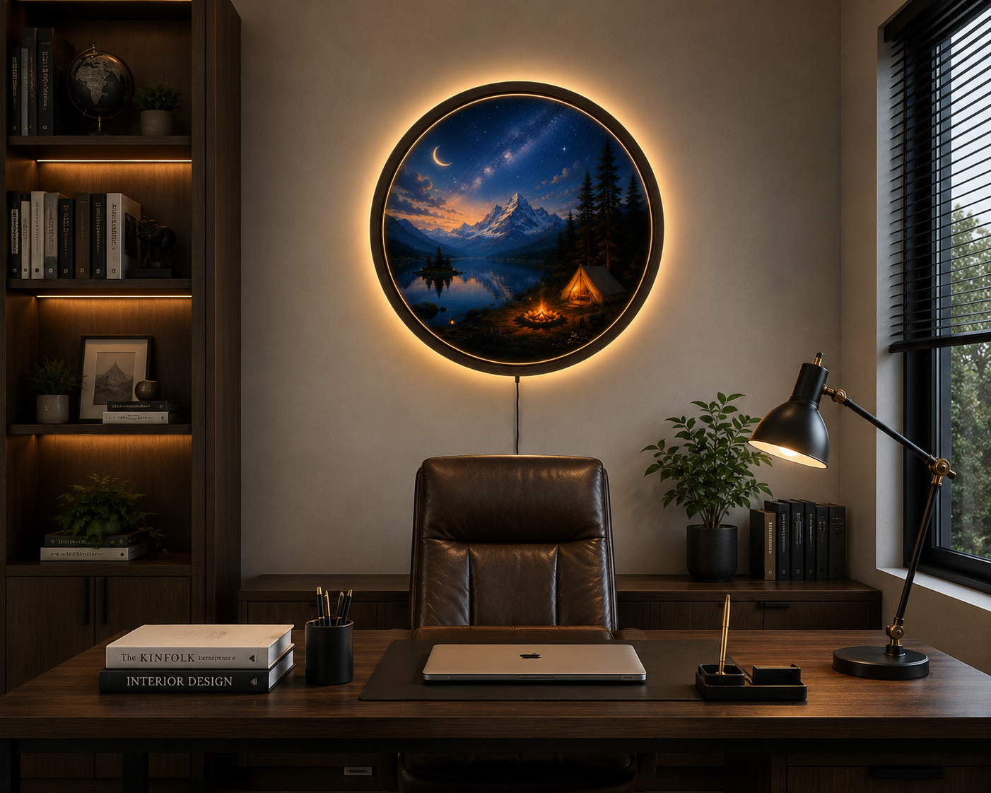 Mountain Camping LED Wall Art, Night Lake Landscape Light, Round Acrylic Wall Decor, Galaxy Sky Home Decor, Rustic Cabin Wall Light Gift