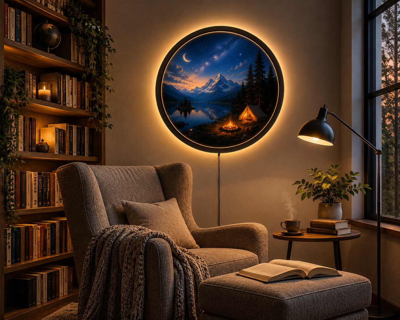 Mountain Camping LED Wall Art, Night Lake Landscape Light, Round Acrylic Wall Decor, Galaxy Sky Home Decor, Rustic Cabin Wall Light Gift