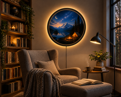 Mountain Camping LED Wall Art, Night Lake Landscape Light, Round Acrylic Wall Decor, Galaxy Sky Home Decor, Rustic Cabin Wall Light Gift