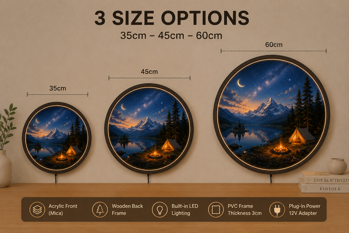 Mountain Camping LED Wall Art, Night Lake Landscape Light, Round Acrylic Wall Decor, Galaxy Sky Home Decor, Rustic Cabin Wall Light Gift