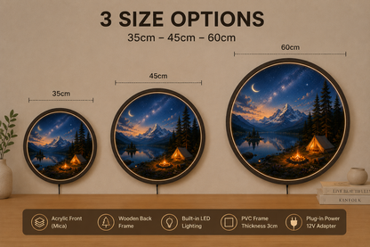 Mountain Camping LED Wall Art, Night Lake Landscape Light, Round Acrylic Wall Decor, Galaxy Sky Home Decor, Rustic Cabin Wall Light Gift
