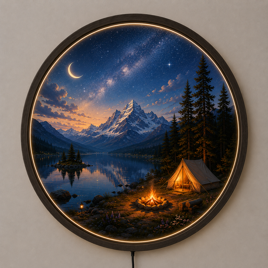 Mountain Camping LED Wall Art, Night Lake Landscape Light, Round Acrylic Wall Decor, Galaxy Sky Home Decor, Rustic Cabin Wall Light Gift
