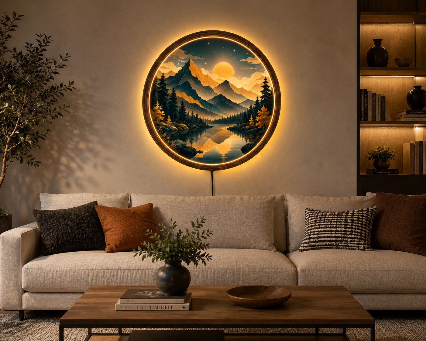 Mountain Lake LED Wall Art, Round Nature Landscape Wall Decor, Modern Acrylic Wall Light, Forest Mountain Home Decor, Living Room Gift