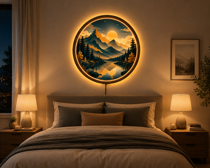 Mountain Lake LED Wall Art, Round Nature Landscape Wall Decor, Modern Acrylic Wall Light, Forest Mountain Home Decor, Living Room Gift