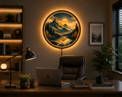 Mountain Lake LED Wall Art, Round Nature Landscape Wall Decor, Modern Acrylic Wall Light, Forest Mountain Home Decor, Living Room Gift