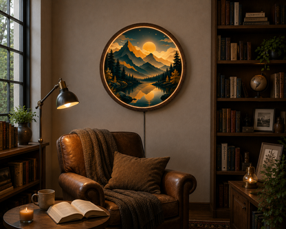 Mountain Lake LED Wall Art, Round Nature Landscape Wall Decor, Modern Acrylic Wall Light, Forest Mountain Home Decor, Living Room Gift