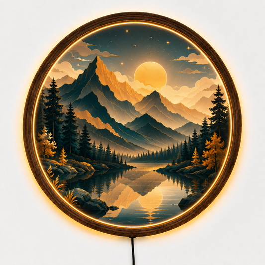 Mountain Lake LED Wall Art, Round Nature Landscape Wall Decor, Modern Acrylic Wall Light, Forest Mountain Home Decor, Living Room Gift