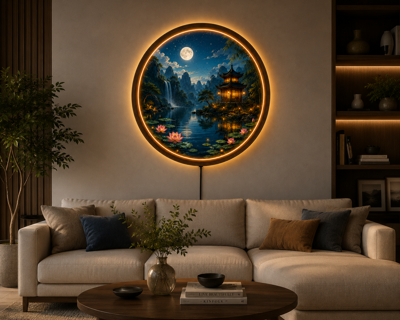 Moonlit Pagoda LED Wall Art, Lotus Lake Landscape Decor, Round Asian Wall Light, Zen Nature Home Decor, Bedroom Gift