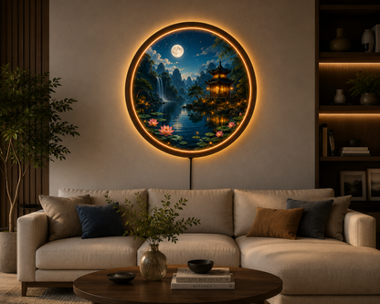 Moonlit Pagoda LED Wall Art, Lotus Lake Landscape Decor, Round Asian Wall Light, Zen Nature Home Decor, Bedroom Gift