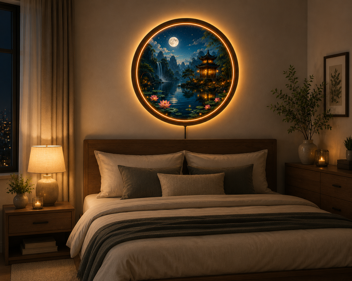 Moonlit Pagoda LED Wall Art, Lotus Lake Landscape Decor, Round Asian Wall Light, Zen Nature Home Decor, Bedroom Gift