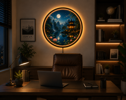 Moonlit Pagoda LED Wall Art, Lotus Lake Landscape Decor, Round Asian Wall Light, Zen Nature Home Decor, Bedroom Gift
