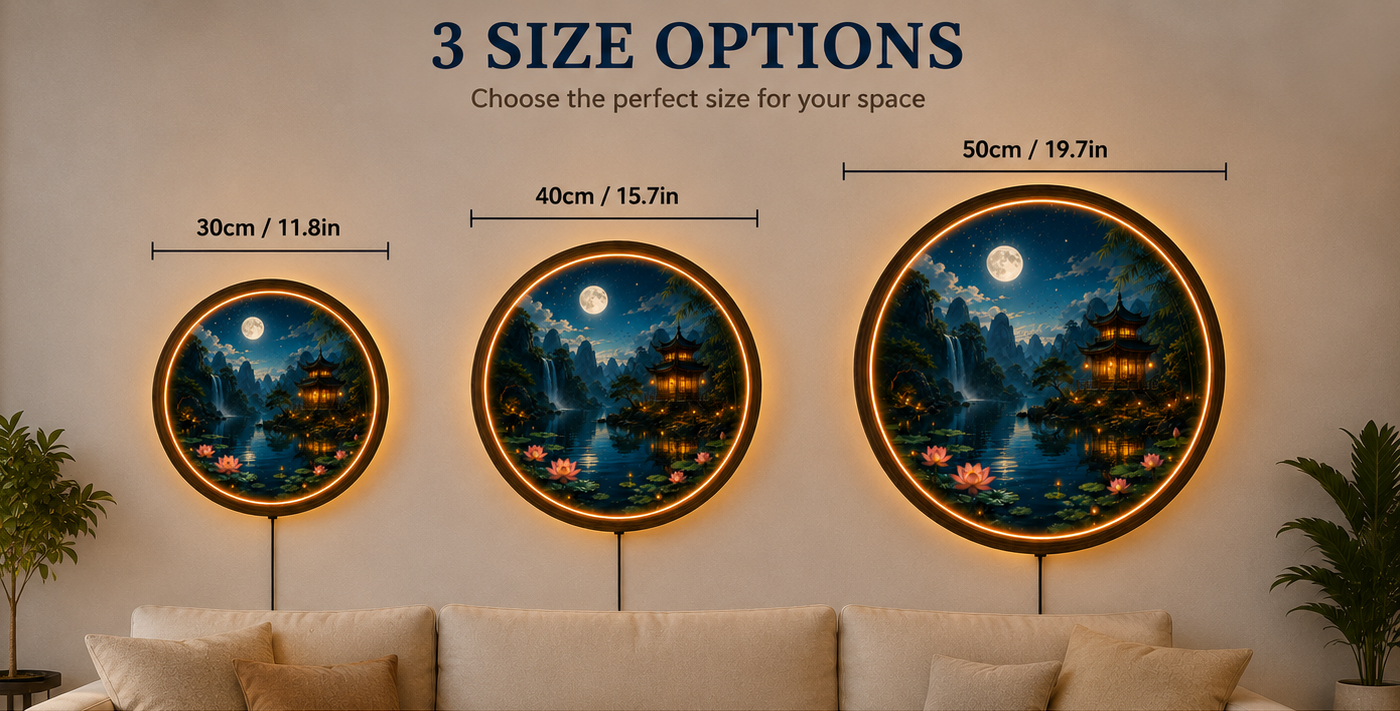 Moonlit Pagoda LED Wall Art, Lotus Lake Landscape Decor, Round Asian Wall Light, Zen Nature Home Decor, Bedroom Gift