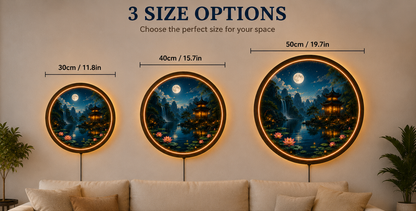 Moonlit Pagoda LED Wall Art, Lotus Lake Landscape Decor, Round Asian Wall Light, Zen Nature Home Decor, Bedroom Gift