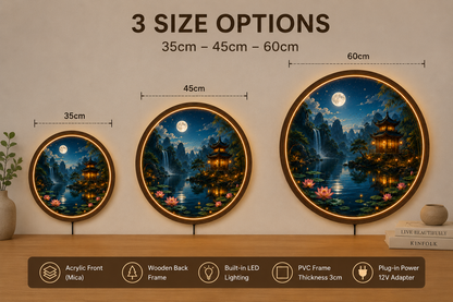 Moonlit Pagoda LED Wall Art, Lotus Lake Landscape Decor, Round Asian Wall Light, Zen Nature Home Decor, Bedroom Gift